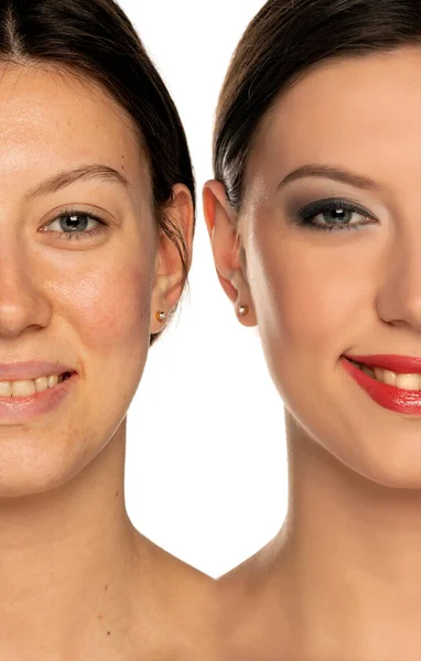 Retrato Comparação Uma Mulher Sem Com Maquiagem Fundo Branco — Fotografia de Stock