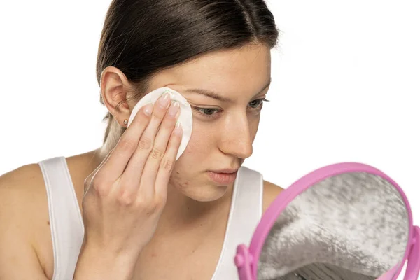 Young Woman Cleans Her Face Problematic Skin White Background — Stock Photo, Image