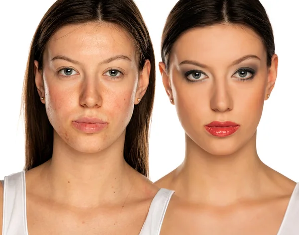 Comparison Portrait Woman Makeup White Background — Stock Photo, Image