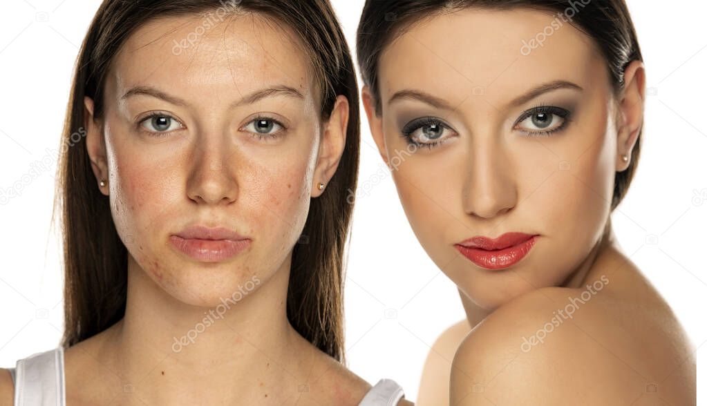 Comparison portrait of a woman without and with makeup on white background