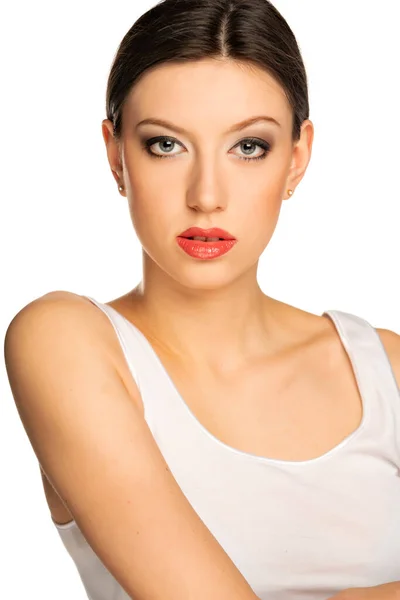 Retrato Una Joven Hermosa Mujer Con Ojos Azules Maquillaje Sobre — Foto de Stock