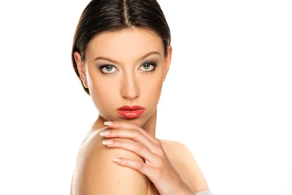 Retrato Una Joven Hermosa Mujer Sin Camisa Con Ojos Azules — Foto de Stock