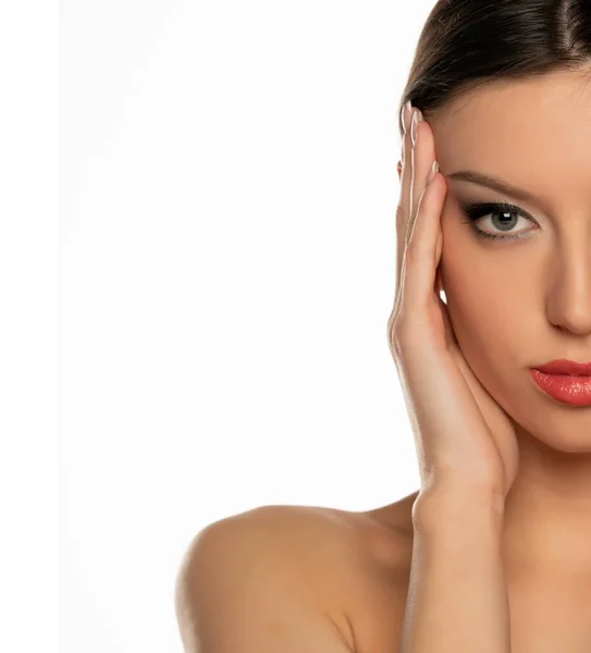 Young Woman Tightening Her Face Skin Her Palm White Background — Stock Photo, Image