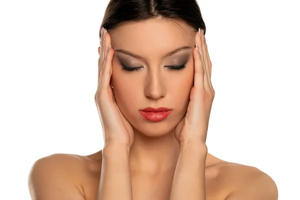 Young Woman Tightening Her Face Skin Her Palms White Background — Stock Photo, Image