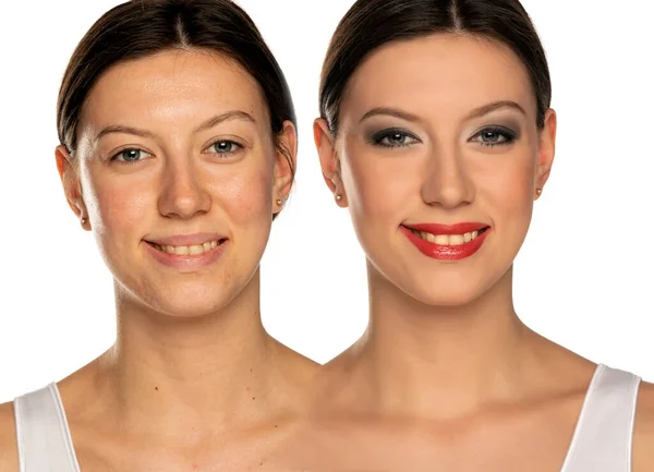 Σύγκριση Πορτρέτο Μιας Γυναίκας Χωρίς Και Μακιγιάζ Λευκό Φόντο — Φωτογραφία Αρχείου