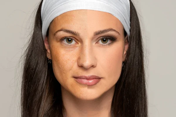 Portrait Comparatif Une Femme Sans Avec Maquillage Sur Fond Gris — Photo