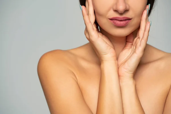 Close Young Beautiful Smiling Woman Touches Her Face Gray Background — Stock Photo, Image