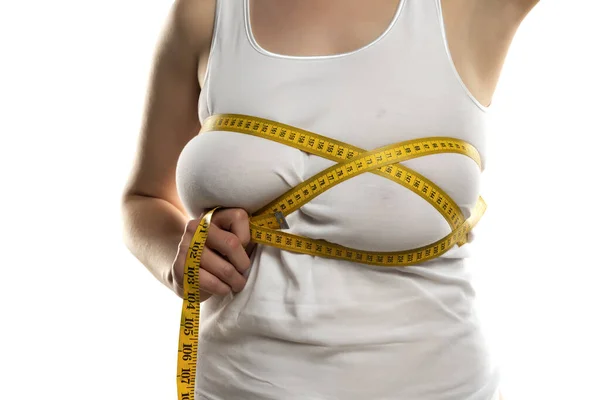 Woman Measures Measuring Tape Her Large Breasts White Background — Stock Photo, Image
