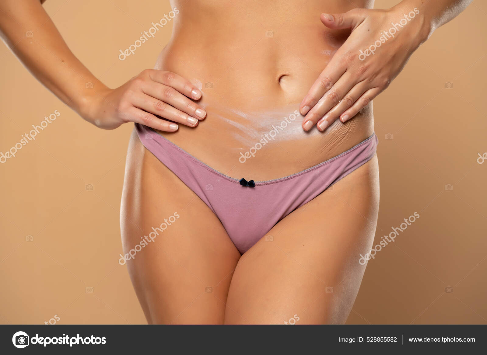 Mid Section Woman Wearing White Briefs Front View Blue Background