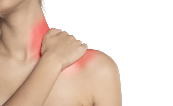 Woman Holding Her Painful Neck White Background — Stock Photo, Image