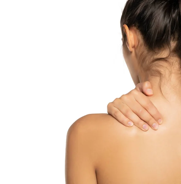 Mulher Massageando Seu Pescoço Dolorido Ombro Fundo Branco — Fotografia de Stock