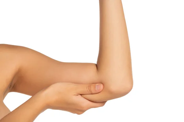Nainen Hierontaa Kipeä Lihaksia Kätensä Valkoisella Taustalla — kuvapankkivalokuva