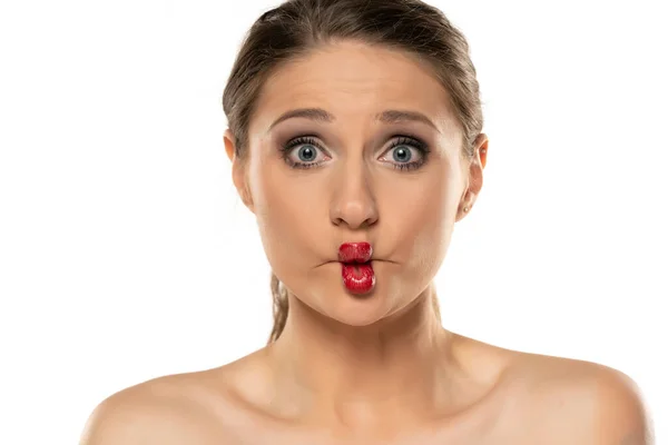 Young Funny Woman Makes Fish Face White Background — Stock Photo, Image