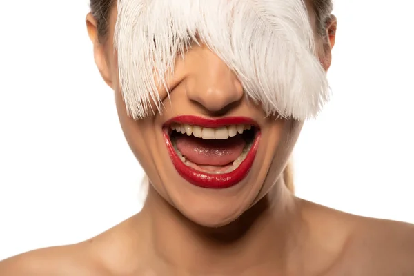 Portrait Beautiful Happy Woman Feathers Her Eyes Red Lipstick White — Stock Photo, Image