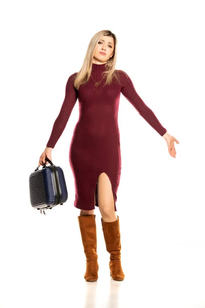 Young Sad Blonde Tight Red Dress Hand Luggage Apologize Gesture — Stock Photo, Image