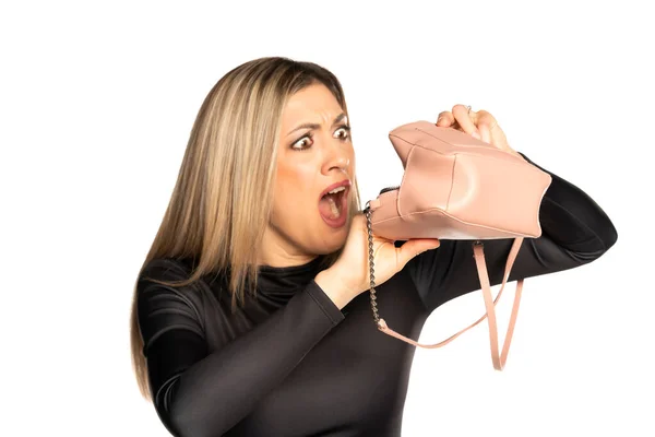 Angry Shocked Woman Looking Her Empty Purse White Background — Stock Photo, Image