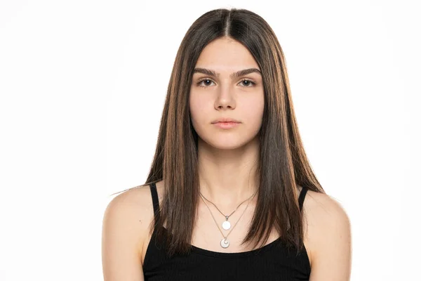 Portrait Beautiful Teenage Girl Long Straight Hair Makeup White Background — Stock Photo, Image