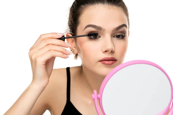 Portrait Teen Girl Applying Mascara Her Eyelashes White Background — Stock Photo, Image