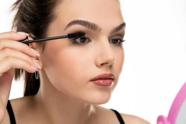 Portrait Teen Girl Applying Mascara Her Eyelashes White Background — Stock Photo, Image