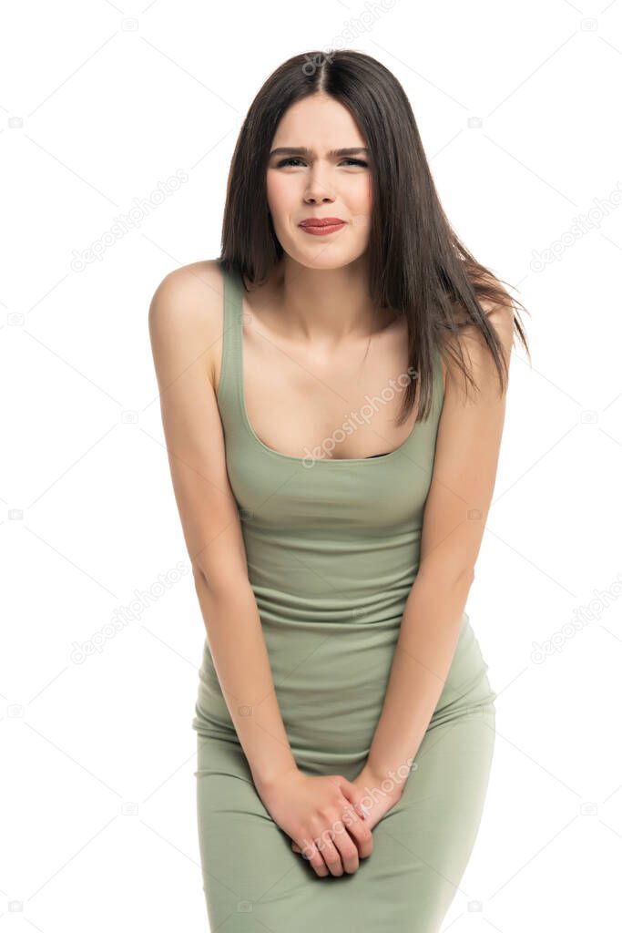 young teen girl need a toilet on white background