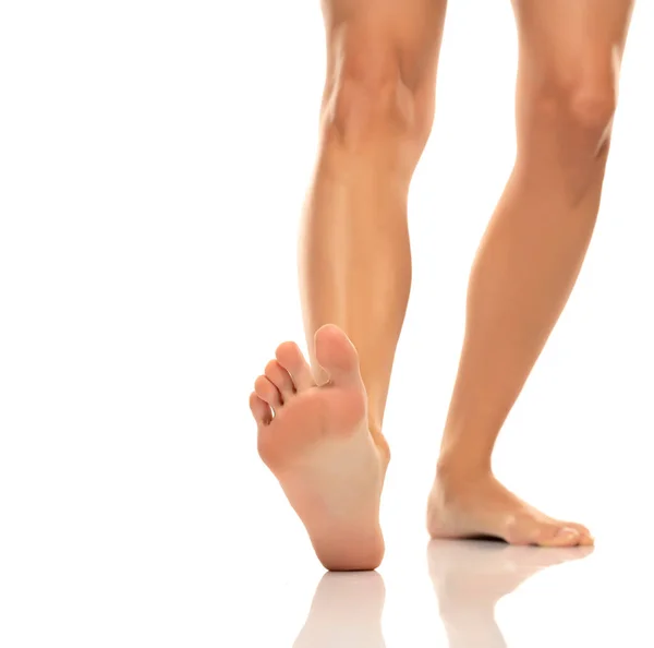 Nude Barefoot Female Legs Soles White Background — Stock Photo, Image