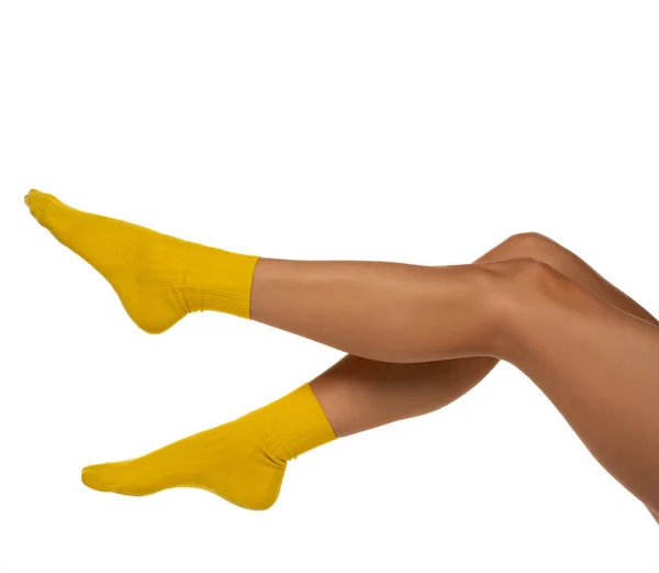 Pretty Female Legs Yellow Short Socks White Background — Stock Photo, Image