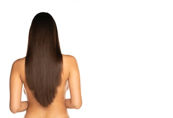 Вид Ззаду Жінки Довгим Волоссям Білому Тлі — стокове фото