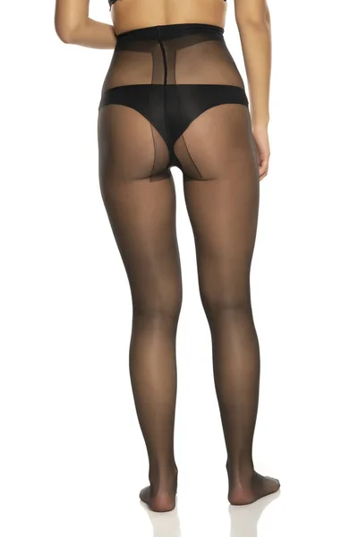 Vista Posteriore Gambe Femminili Collant Nylon Nero Sfondo Bianco — Foto Stock