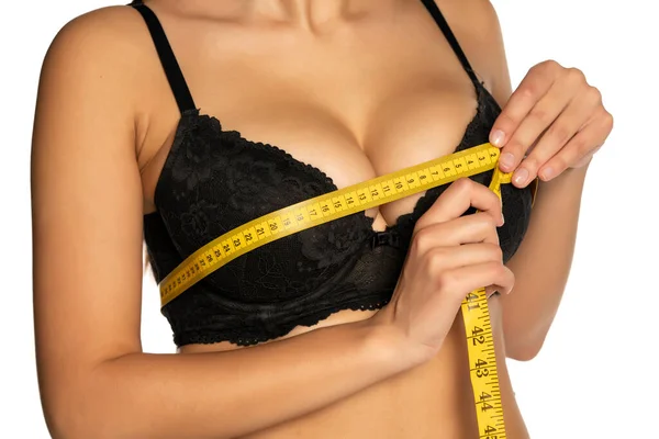 Woman Measures Measuring Tape Her Large Breasts White Background — Stock Photo, Image