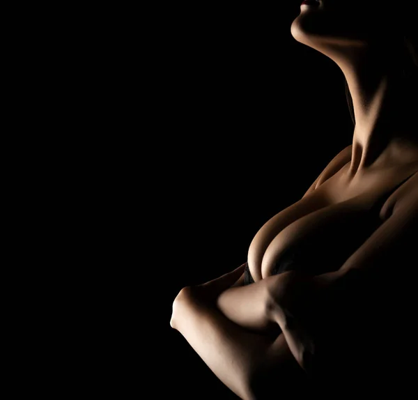 Silhouet Van Een Vrouwelijke Borsten Beha Een Zwarte Achtergrond — Stockfoto