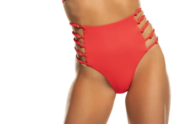 Parte Inferior Del Bikini Rojo Con Cintura Alta Sobre Fondo — Foto de Stock