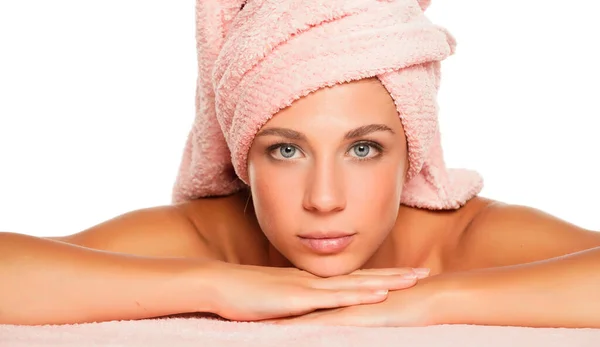 Young Beautiful Woman Blue Eyes Posing Towel Her Head White — Stock Photo, Image