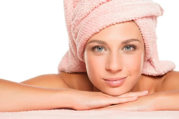 Young Smiling Beautiful Woman Posing Towel Her Head White Background — Stock Photo, Image