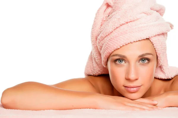 Young Beautiful Woman Blue Eyes Posing Towel Her Head White — Stock Photo, Image