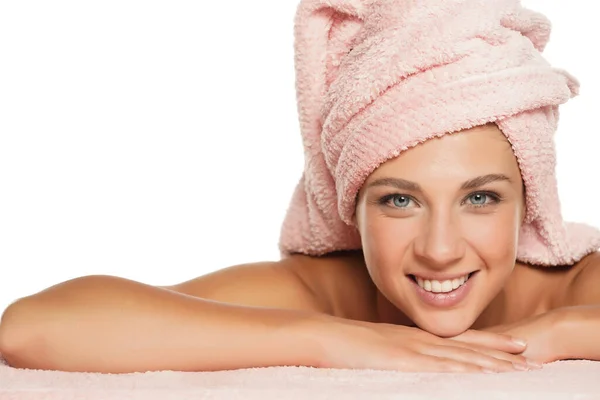 Young Happy Beautiful Woman Posing Towel Her Head White Background — Stock Photo, Image