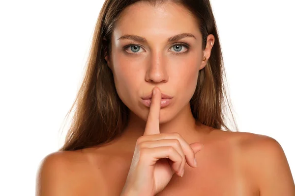 Young Woman Finger Her Lips White Background — Stock Photo, Image