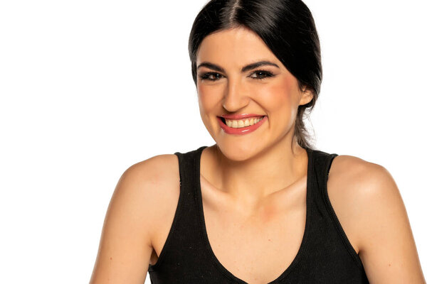 happy young woman with makeup on white background