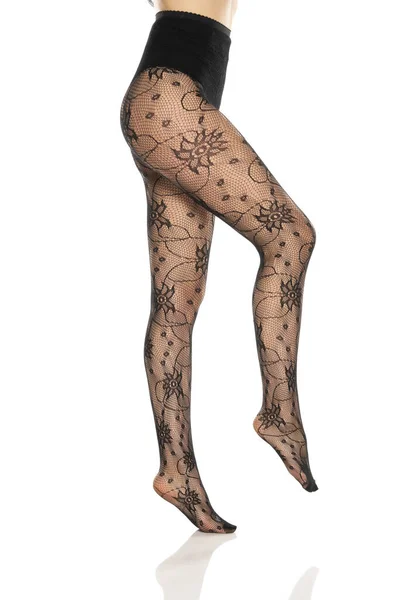 Hübsche Weibliche Beine Netzstrümpfen Auf Weißem Hintergrund — Stockfoto