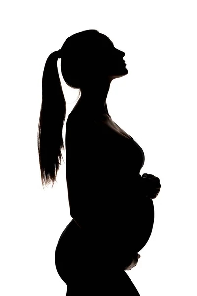 Silhuett Ung Gravid Kvinna Vit Bakgrund — Stockfoto