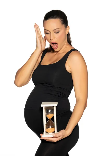 Gravid Ung Nervös Kvinna Svart Leggings Och Skjorta Poserar Med — Stockfoto