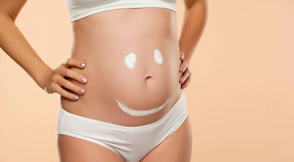 Belly Future Mother Smiley Face Drawing Beige Background — Stock Photo, Image