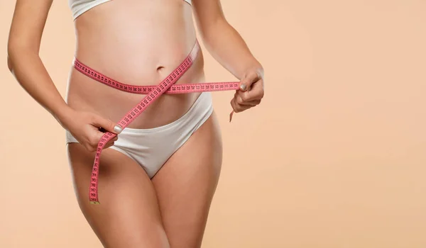 Crop Close Pregnant Young Woman Underwear Measuring Her Bare Tummy — Stock Photo, Image