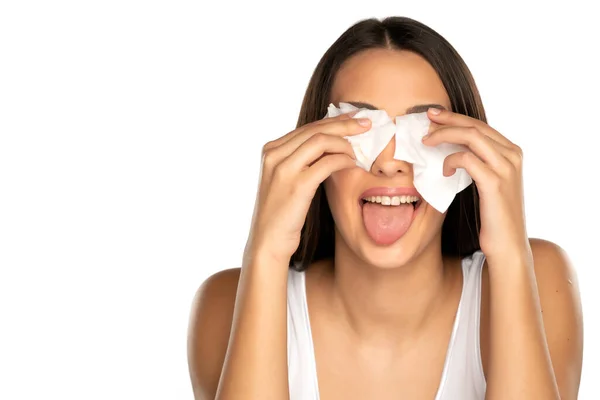 Young Funny Woman Cleans Her Face Wet Wipes White Background — Stock Photo, Image