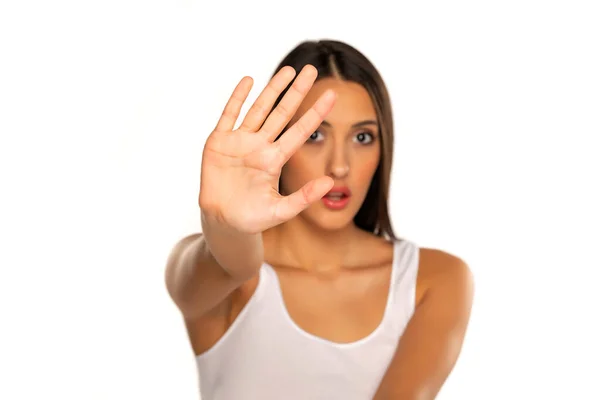 Woman Making Stop Gesture Her Hand White Background — Stock Photo, Image