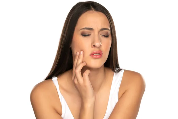 Eine Junge Traurige Frau Mit Zahnschmerzen Auf Weißem Hintergrund — Stockfoto