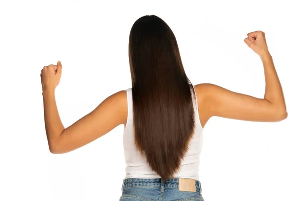 Hátsó Kilátás Egy Fiatal Hosszú Haj Mutatja Bicepsz Karok Fehér — Stock Fotó