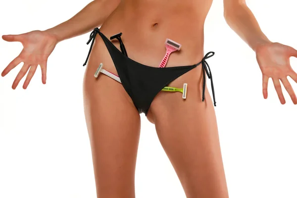 Woman Posing Razors Her Panties White Background — Stock Photo, Image