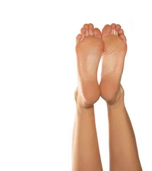 Beautiful Woman Bare Feet White Background Copyspace — Stock Photo, Image