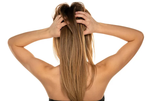 Rear View Young Woman Scratching Her Head White Background — Stock Photo, Image