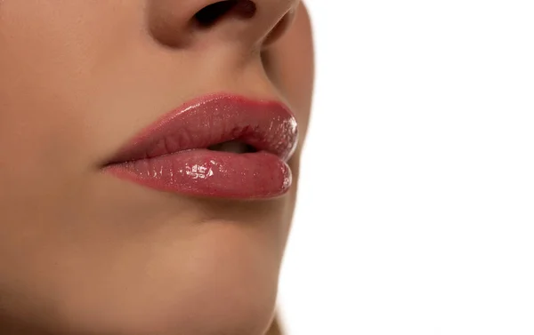 Beautiful Puffy Feminine Lips Nude Lipstick White Background — Stock Photo, Image